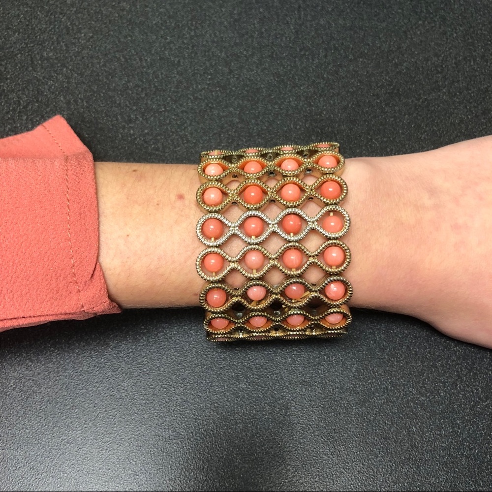 Coral Beads & Gold Wide Cuff Stretch Bracelet